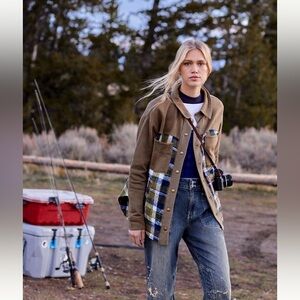 Anthropologie Pilcro Plaid & Olive Fleece Shacket Top | Cozy Utility Chic